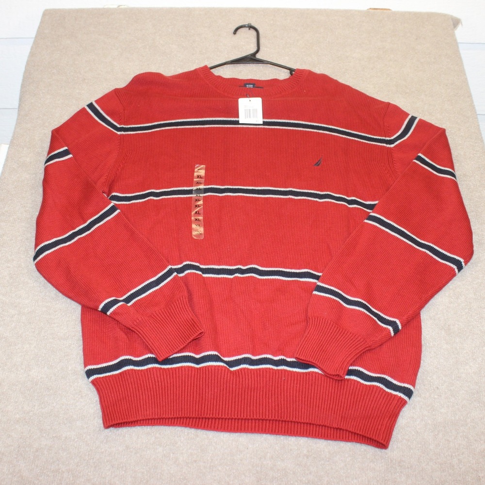 Nautica Mens XL Red Striped Cotton Crewneck Sweater Long Sleeve Pullover NWT